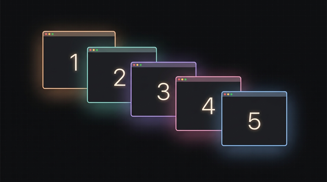 Five numbered terminal windows running Claude Code in parallel — Boris Cherny's signature workflow