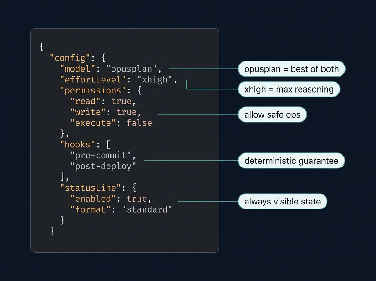 Annotated settings.json showing the key fields that matter most
