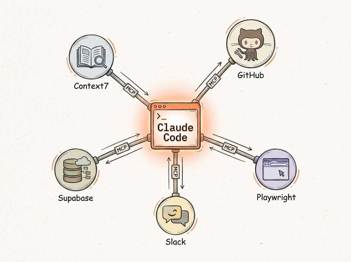 Claude Code connected to five MCP servers: Context7, GitHub, Playwright, Supabase, Slack