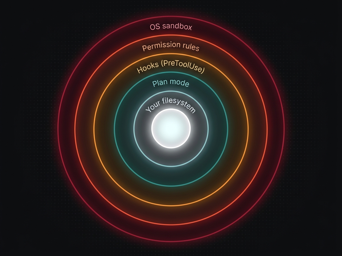 Defense-in-depth security layers around Claude's access to the filesystem